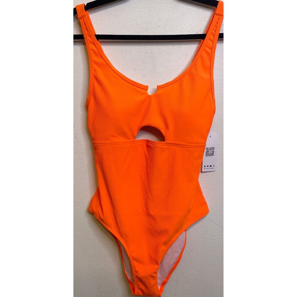 NEW CHARMO Blaze Orange One Piece Swimsuit UPF 50+ Ribbed Size LARGE Padded